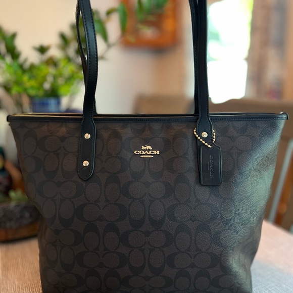 Coach Handbags - COACH Signature Tote Brown Black Canvas Leather Trim Shoulder Bag Large